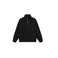 Grey cotton half zip stand collar sweater with long sleeves on mannequin