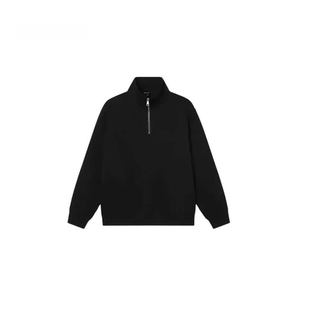 Grey cotton half zip stand collar sweater with long sleeves on mannequin