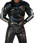 Men's black hooded sports set with nylon jacket and trousers featuring PU leather accents