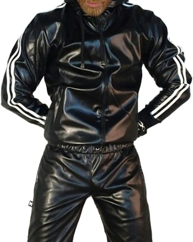 Men's black hooded sports set with nylon jacket and trousers featuring PU leather accents