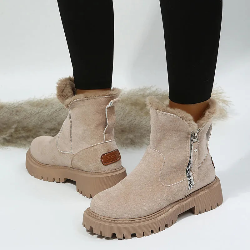 Women's cotton-lined snow boots with side zipper and non-slip sole in black, khaki, and light brown