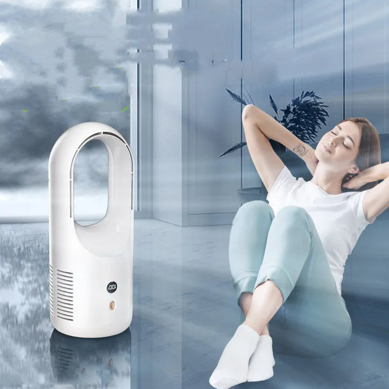 USB rechargeable bladeless desktop fan with LED display on a desk