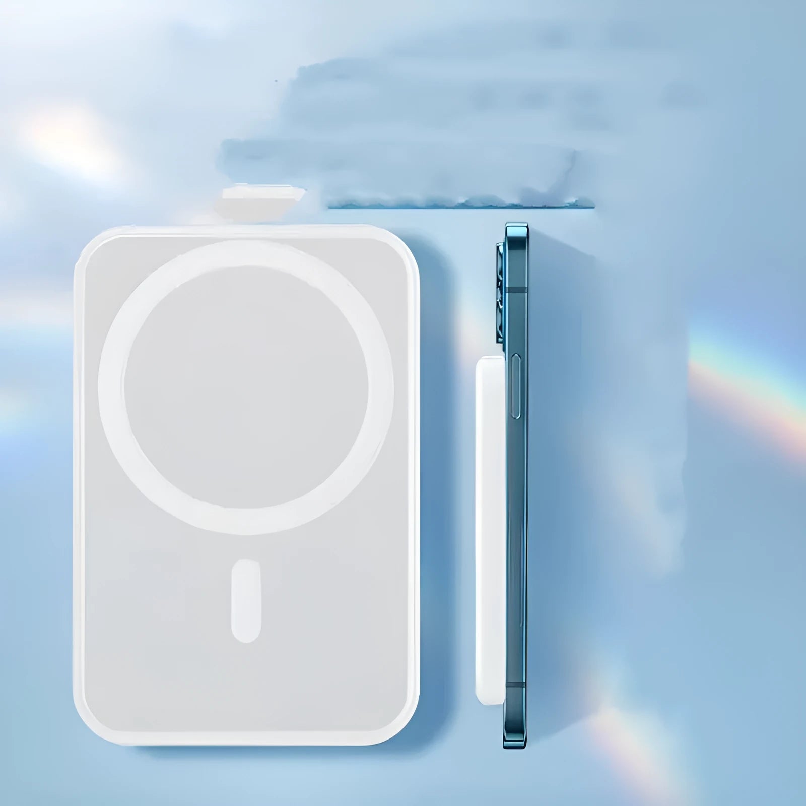White magnetic wireless charging power bank with 5000mAh capacity on a table.