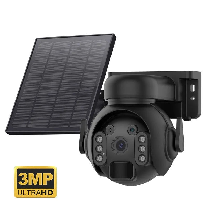 White solar-powered security camera with solar panel on top, mounted on an outdoor wall