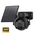 White solar-powered security camera with solar panel on top, mounted on an outdoor wall