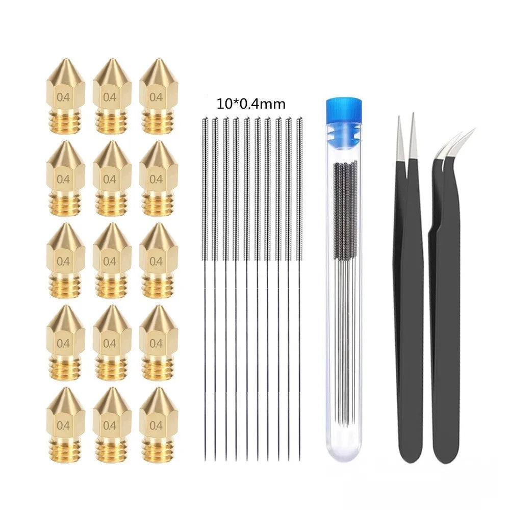 Brass MK8 3D printer nozzle and stainless steel cleaning pin on a white background.