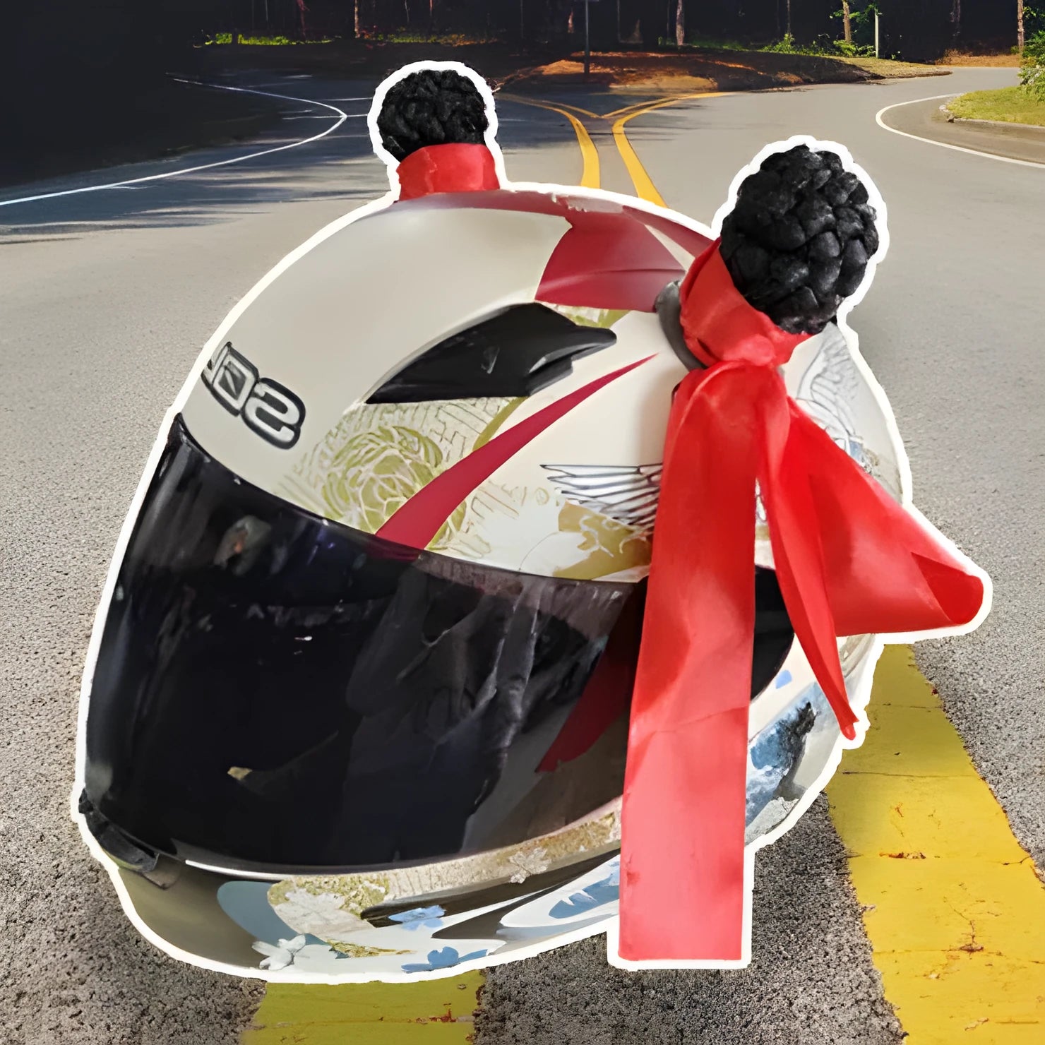 Pair of decorative braid attachments for motorcycle helmets with adhesive strips, showing 8cm height measurement