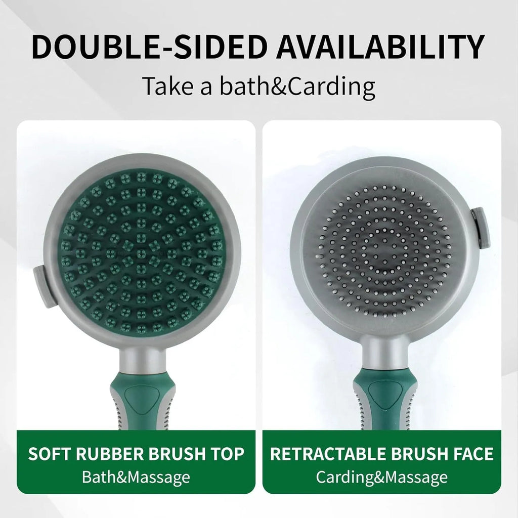 Green and pink dual-sided pet brush showing retractable slicker brush and silicone massager on a white background