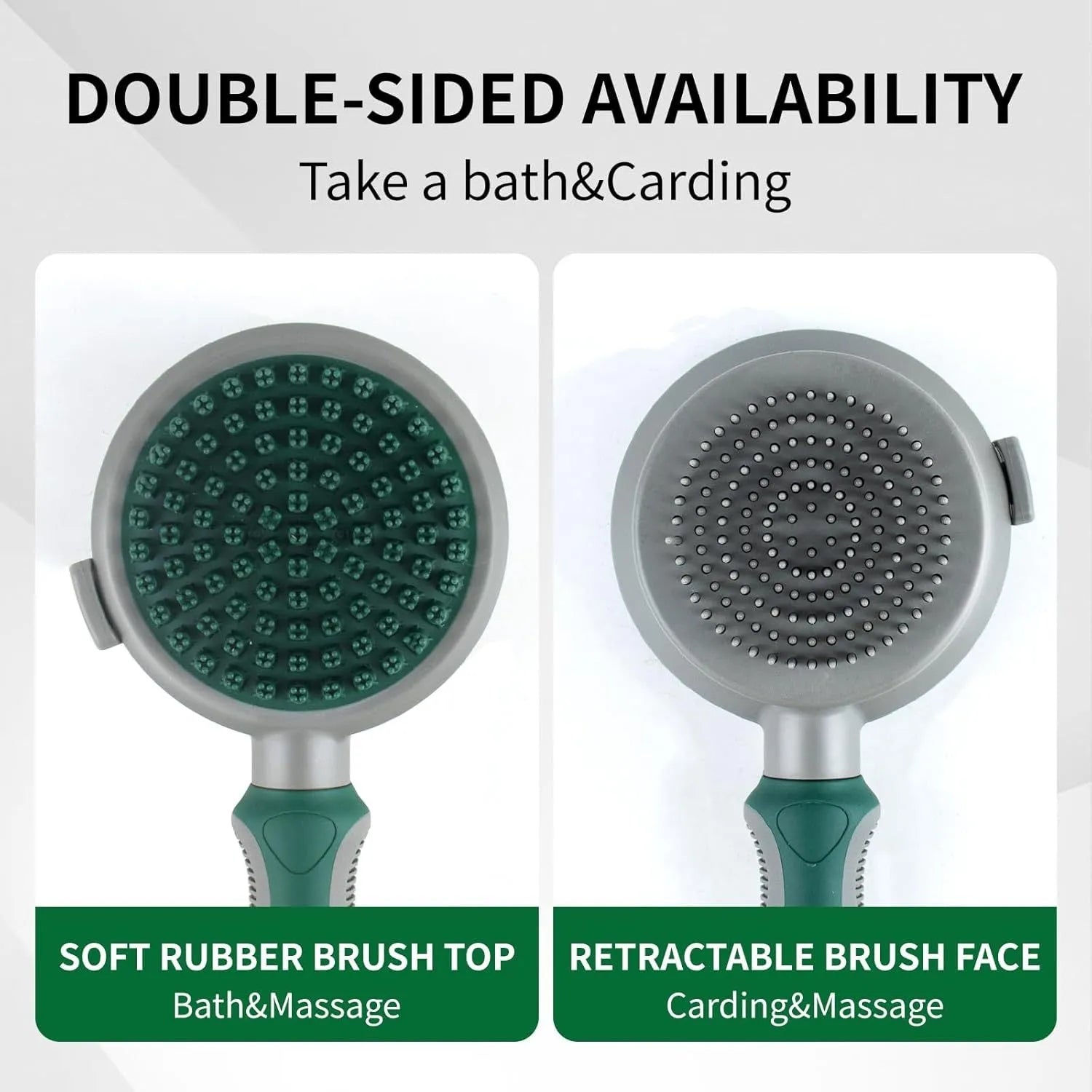 Green and pink dual-sided pet brush showing retractable slicker brush and silicone massager on a white background