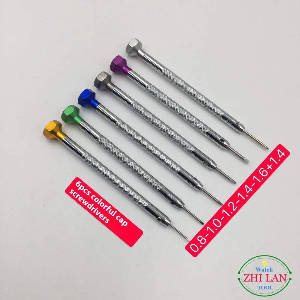 Six colour-coded watch repair screwdrivers with aluminium handles arranged in a set.