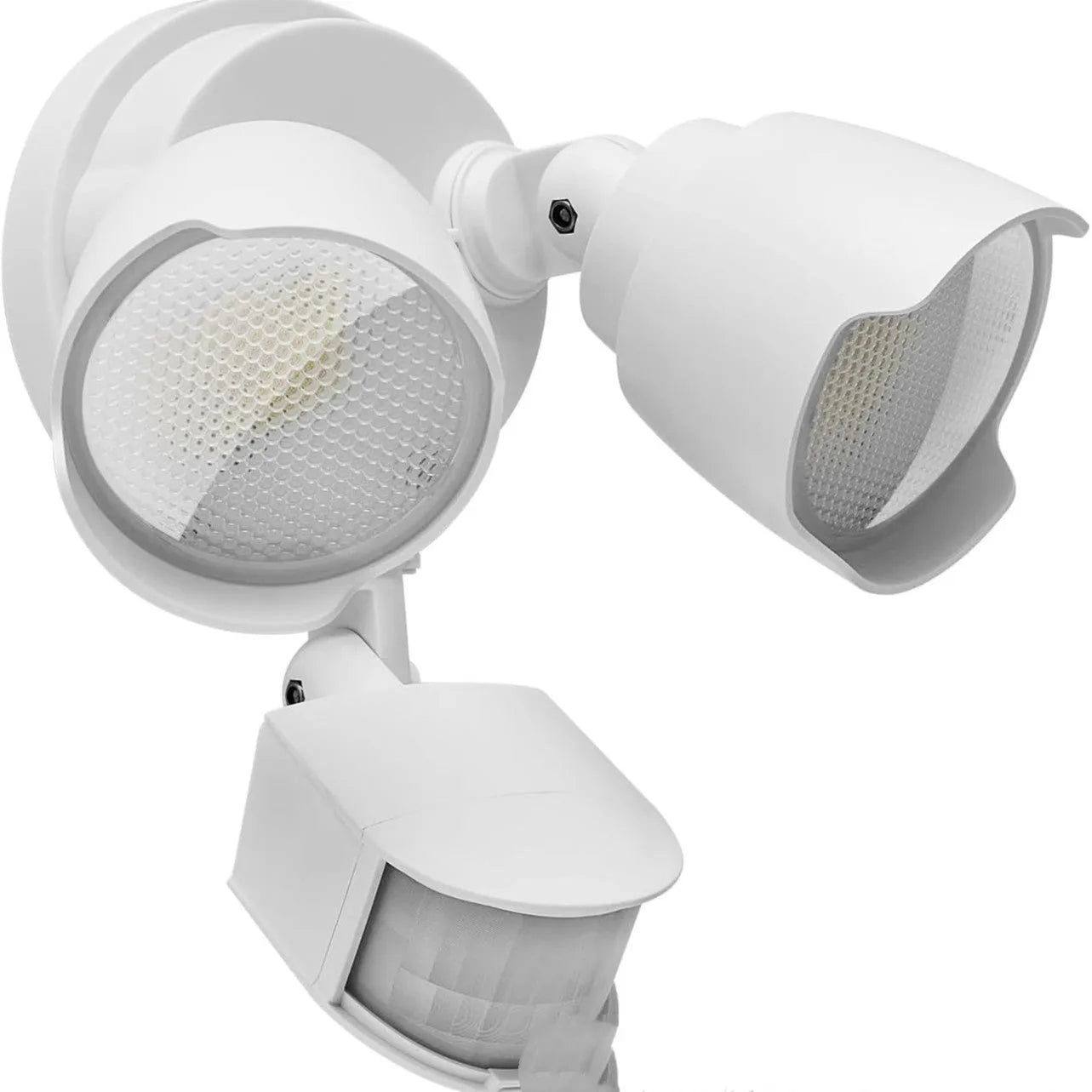 White LED security flood light with motion sensor for outdoor courtyard or garage installation