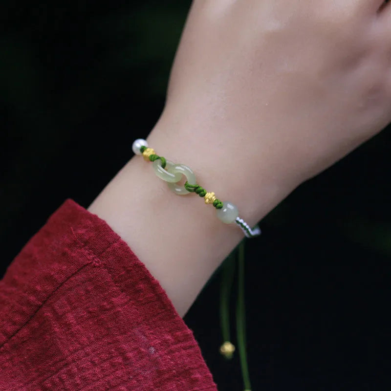 Natural Hetian Jade woven bracelet with adjustable flexible wire and jade pendant in traditional Chinese design