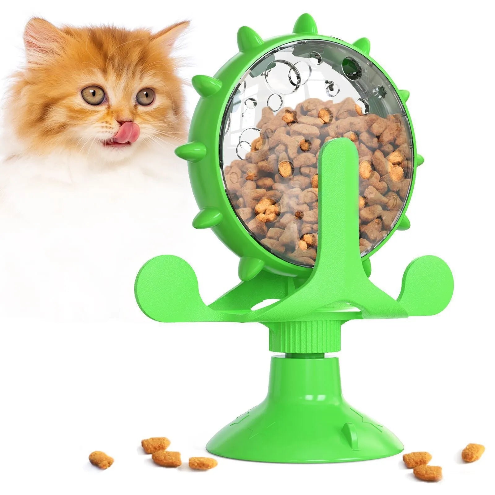 Interactive pet puzzle feeder toy with rotating spinner in blue, green, red or yellow colours