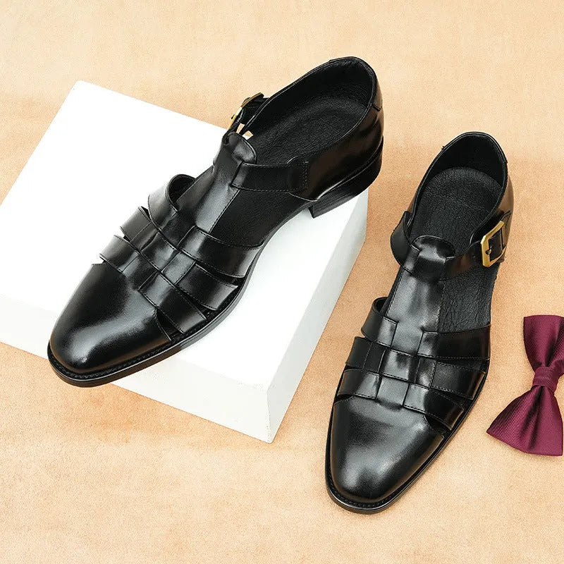 Men's black genuine leather retro sandals with pigskin lining for business casual summer wear
