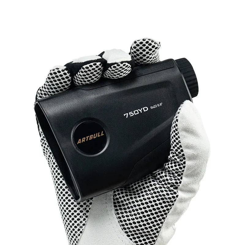 Golf laser rangefinder device showing LCD display with distance measurement and Type-C charging port