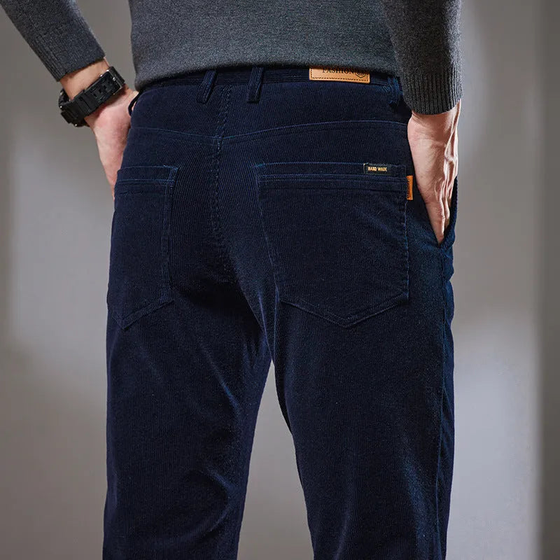 Men's slim fit straight corduroy trousers in black, cotton fabric, mid waist, micro elastic, size 28-40
