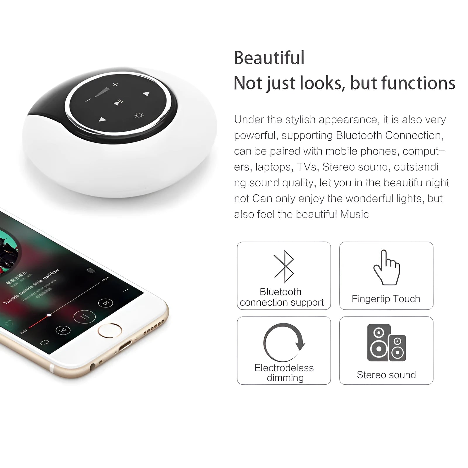 Blue and white Bluetooth desk lamp speaker with touch controls in folded position showing dimensions