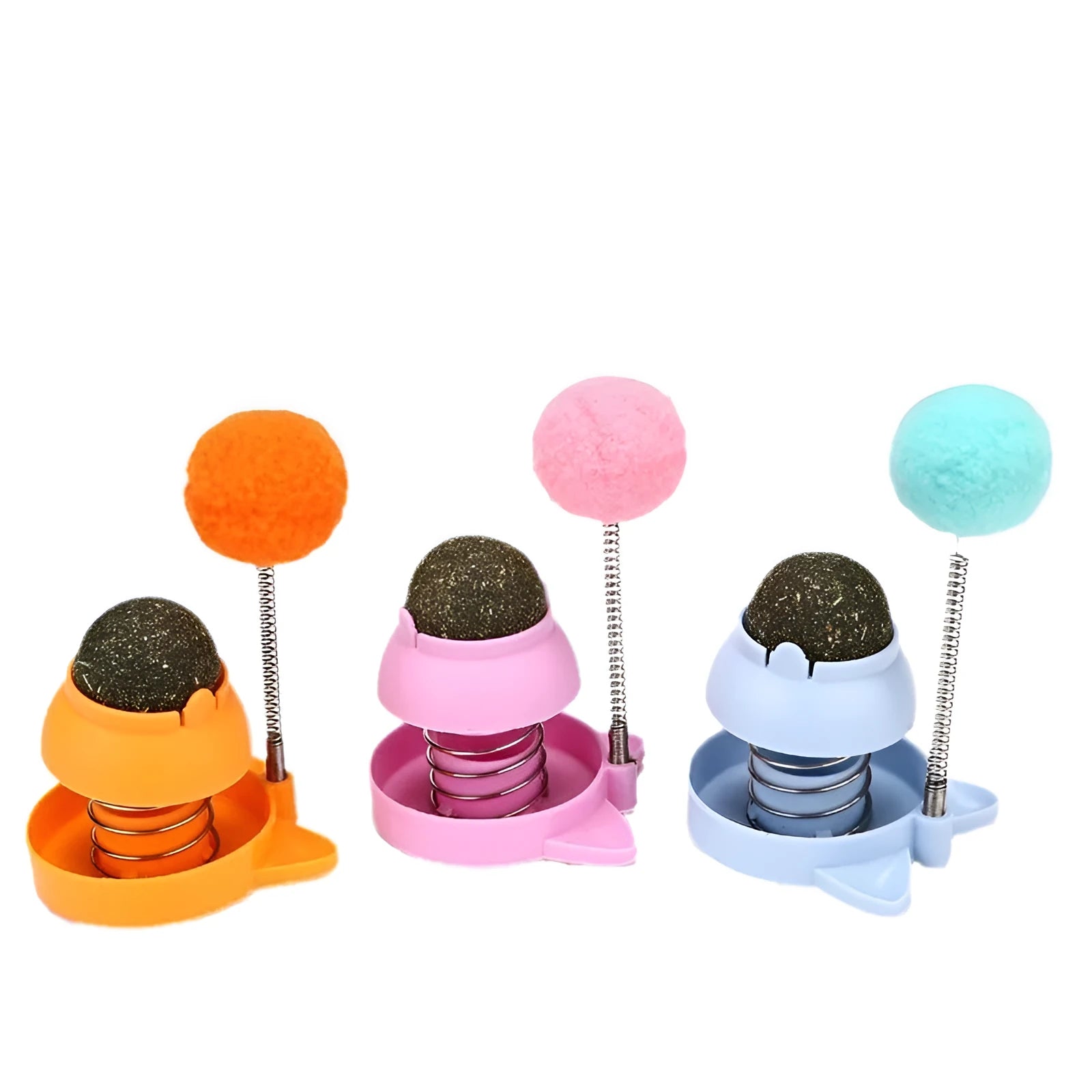 Blue interactive cat toy stick with mint ball for hairball relief and teeth cleaning