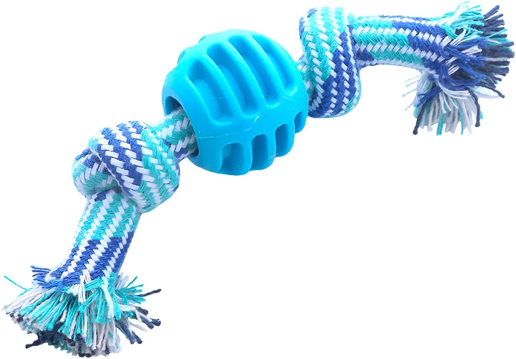 Blue dog chew toy with integrated rope strands for dental cleaning and play.