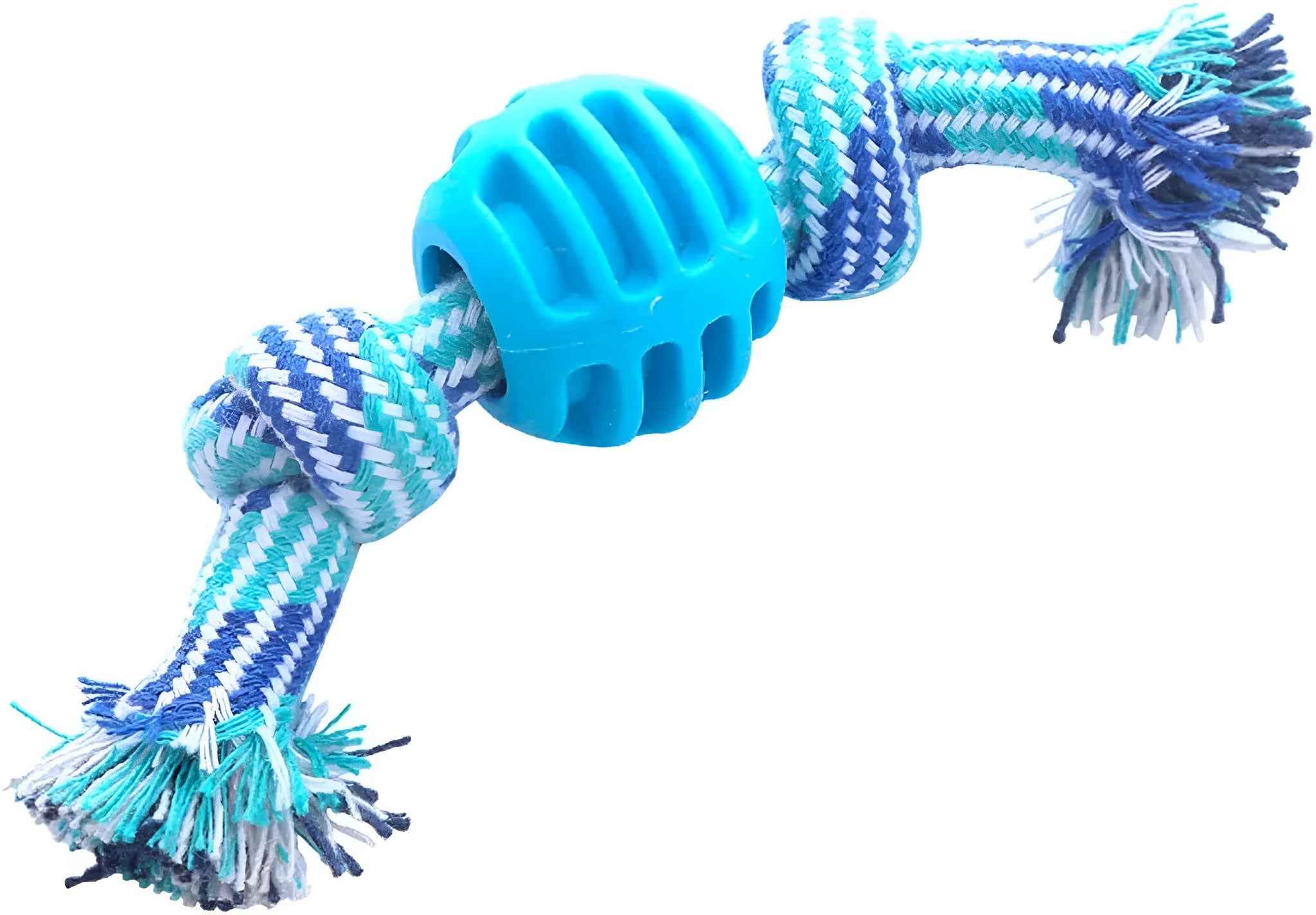 Blue dog chew toy with integrated rope strands for dental cleaning and play.