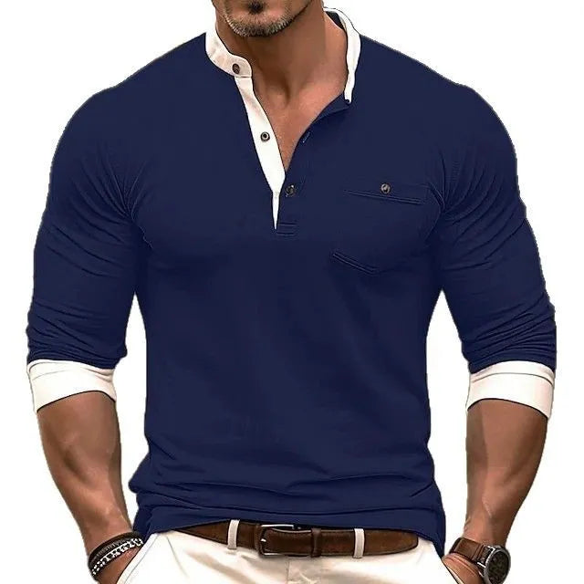 Men's cotton long sleeve round neck T-shirt in solid colour casual style