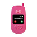 Pink silicone iPhone case with a flip-open mirror cover on a table.