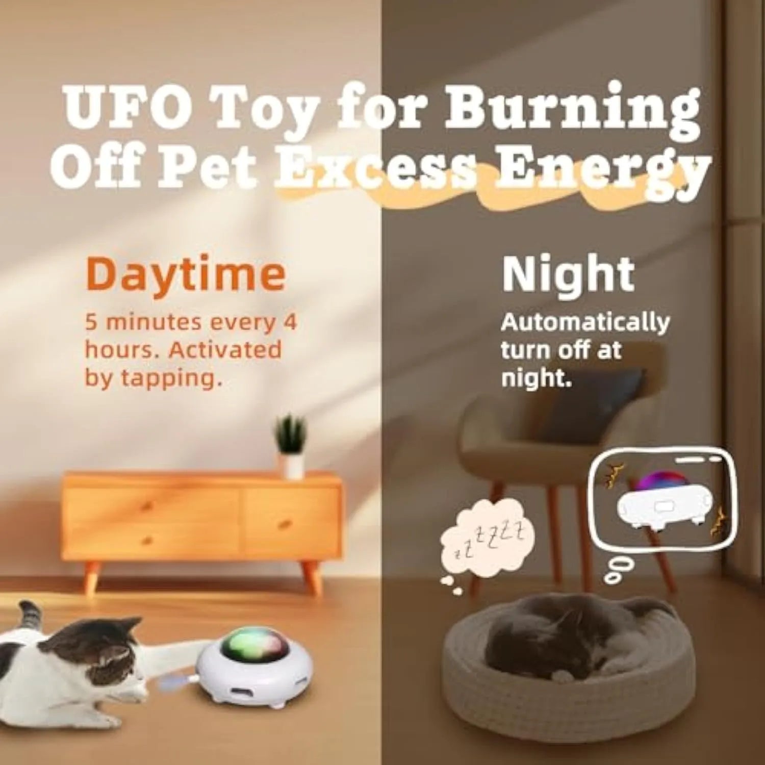 White automatic cat toy with colourful feathers and LED lights on cleaning ring mat