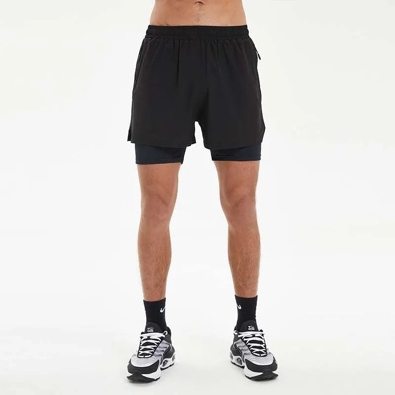 Men's double-layer sports shorts in black, dark grey, or light blue with quick-drying lining and high elastic waist