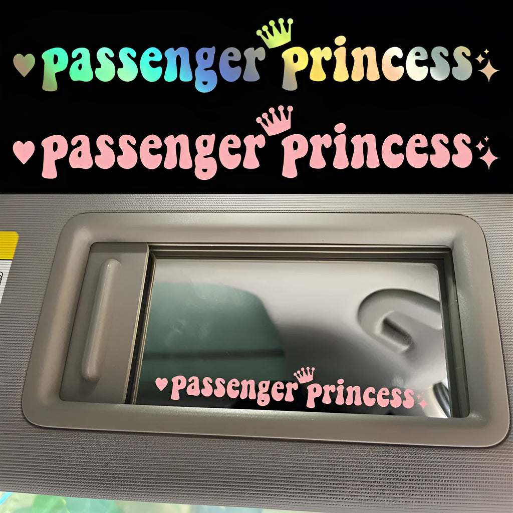 Passenger Princess humorous car sticker shown in multiple colour options on car rearview mirror