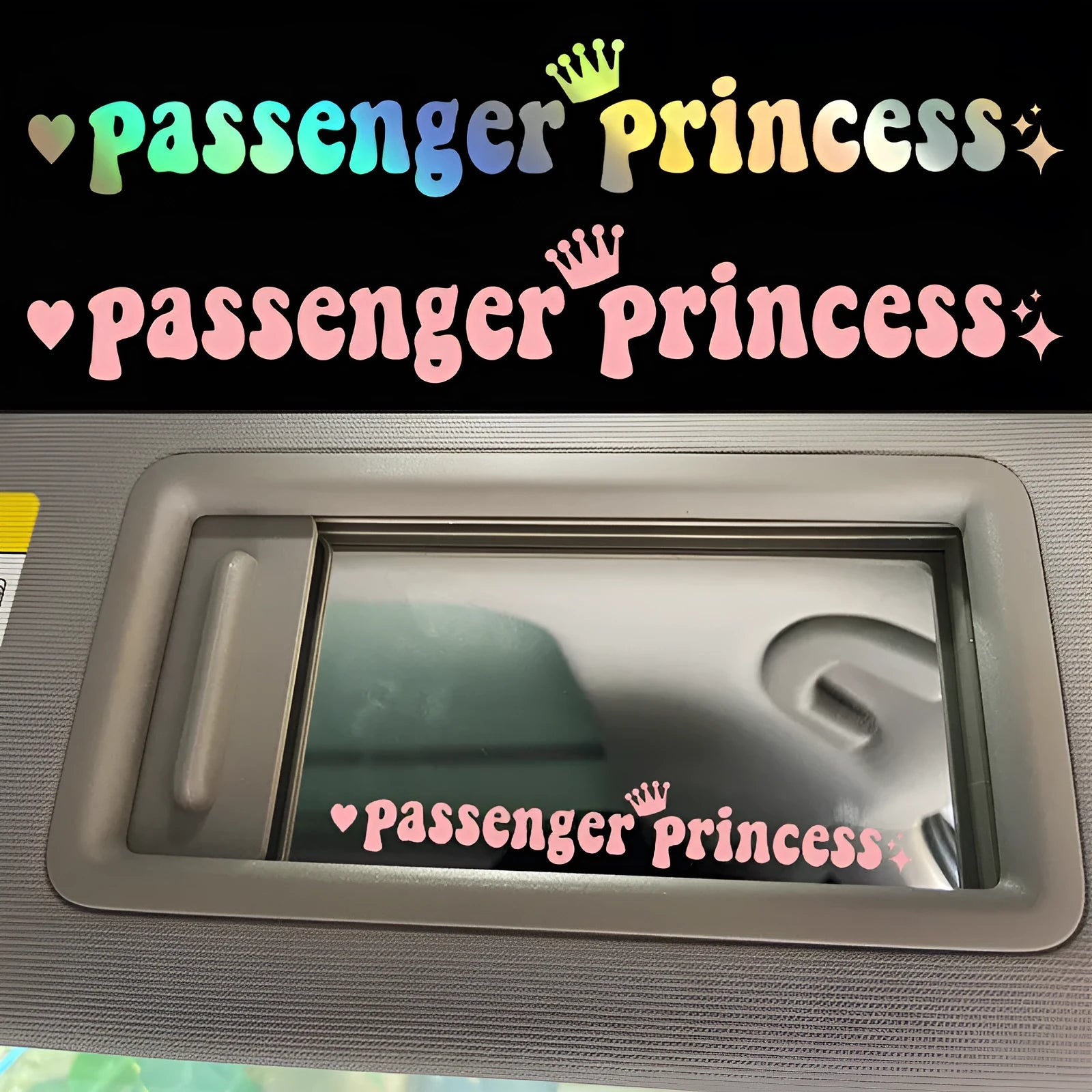 Passenger Princess humorous car sticker shown in multiple colour options on car rearview mirror