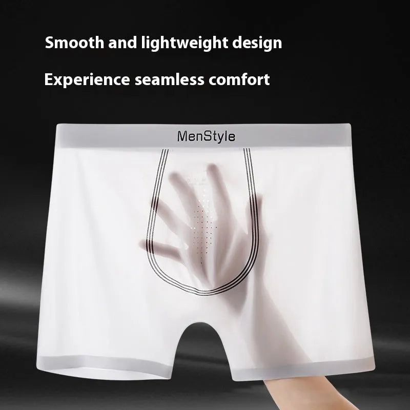 Men's seamless ice silk satin boxers in multiple colours showing mid-waist fit