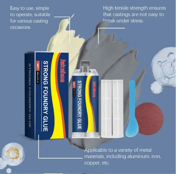 85ml metal sealant epoxy glue kit with push rod, scraper, and sandpaper for steel and copper repairs.