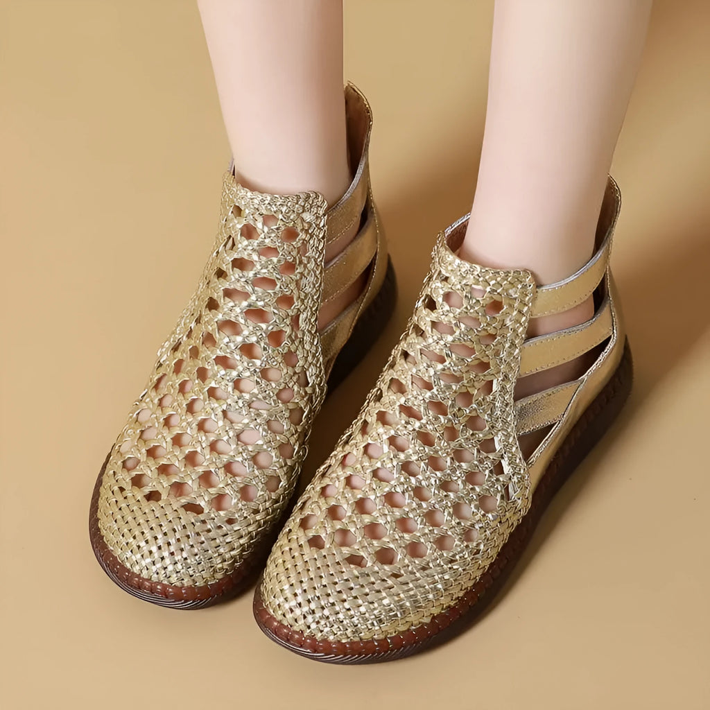 Gold women's flat sandals with breathable hollow-out pattern and soft TPR sole.