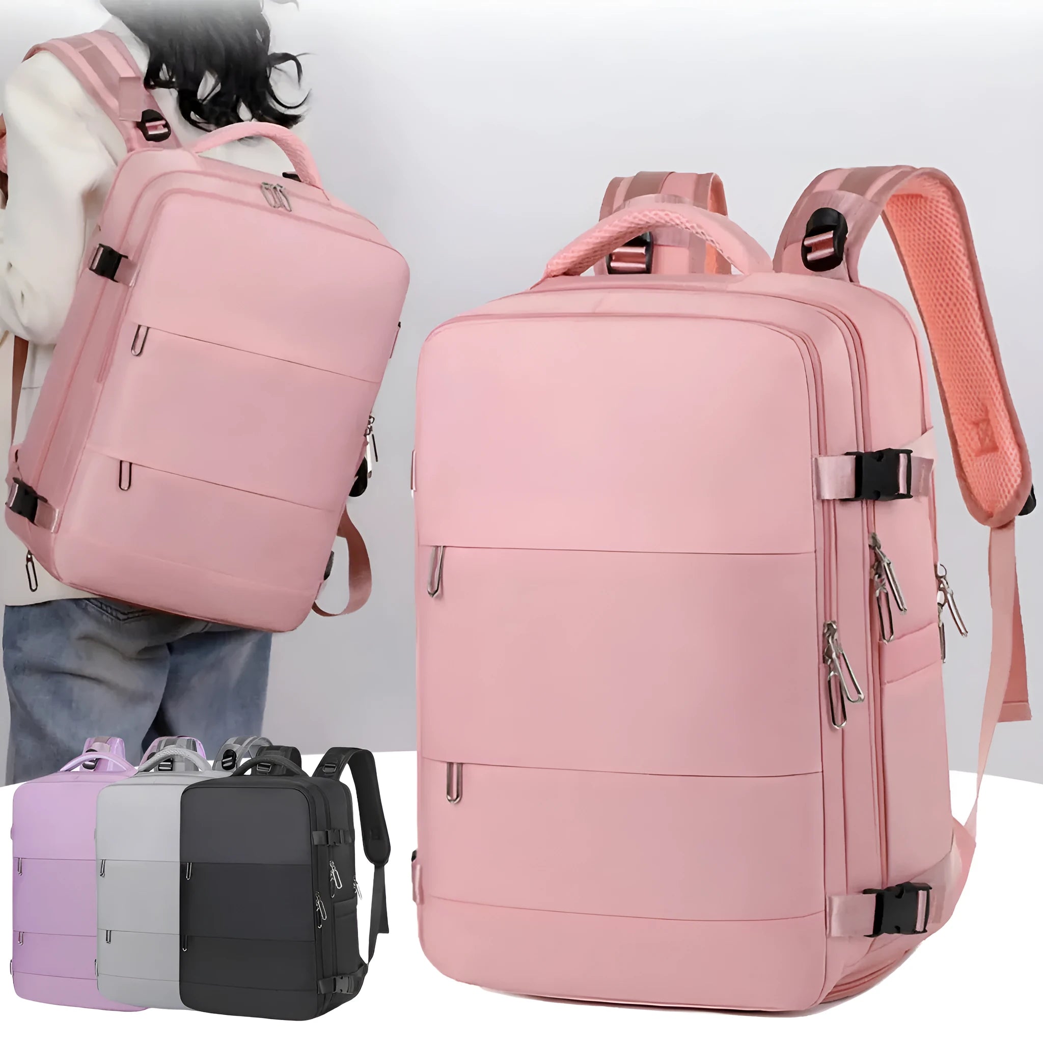 Large purple women's travel backpack with multiple pockets and air pillow belt on a grey background