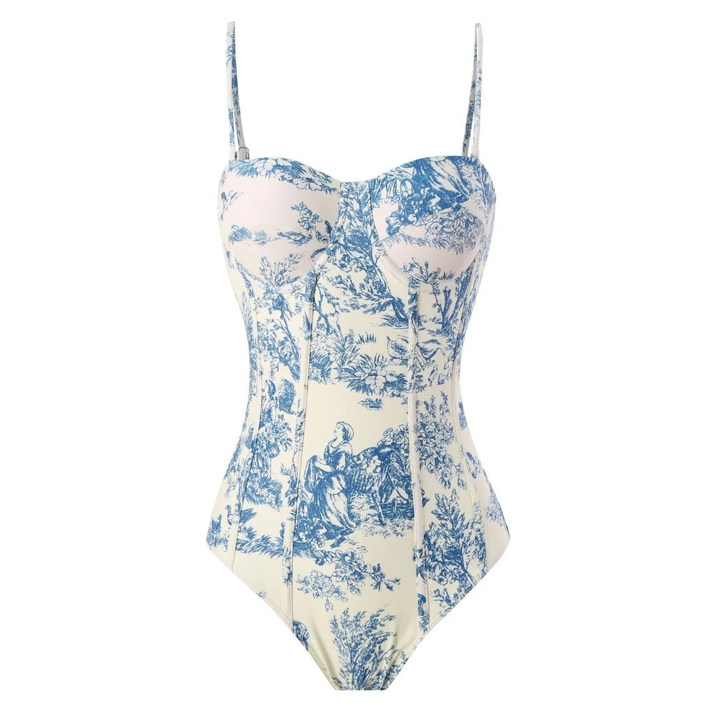 Blue one-piece swimsuit for women with polyester fabric and pattern design