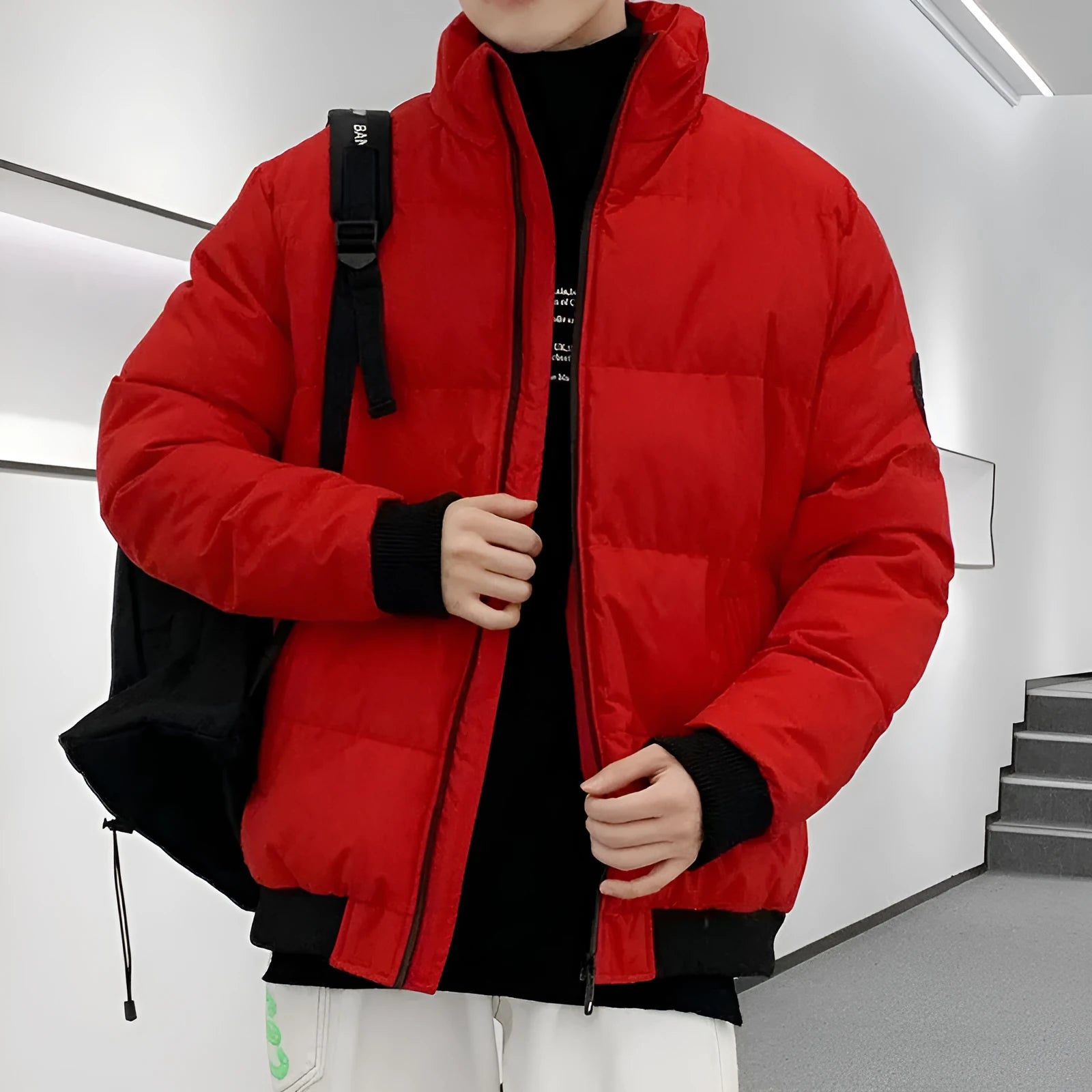 Thick cotton-padded jacket for men in black, cardigan style, loose fit, polyester fabric, sizes M-5XL