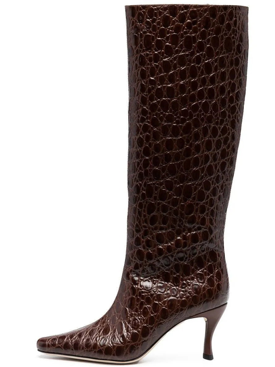 Women's square toe cowboy ankle boots in microfiber, showing colour options including black, dark red, and brown stone pattern.