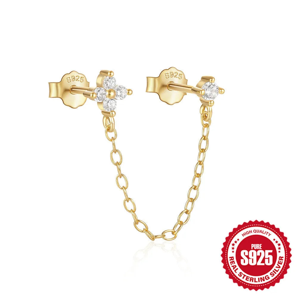 S925 sterling silver geometric stud earrings with gold electroplated flower, tassel, and chain design.