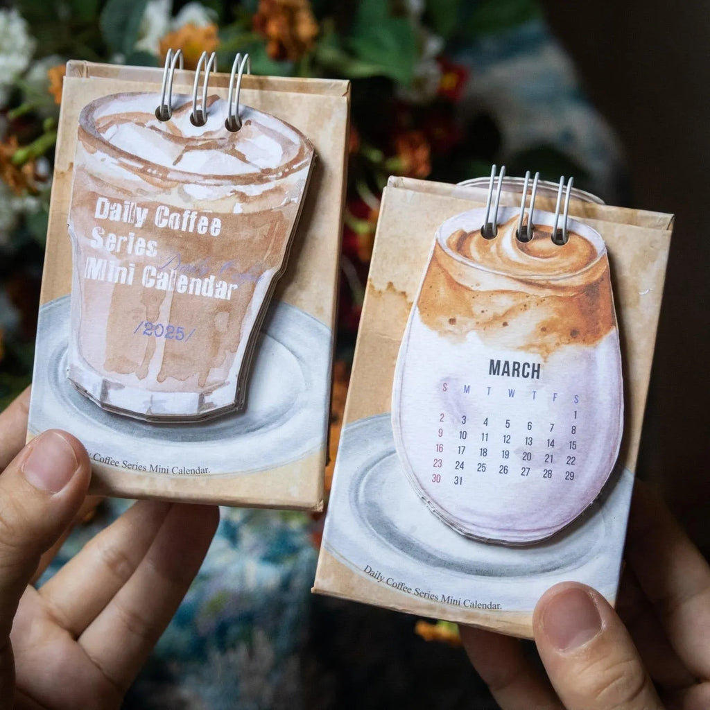 Coffee Coffee mini desk calendar set showing four 2025 paper calendars with different themes for daily inspiration
