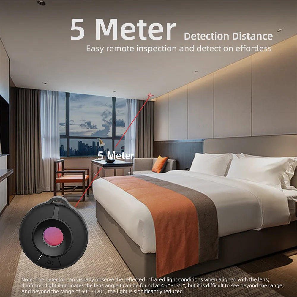 Compact infrared camera detector for hidden camera detection with 5-metre range