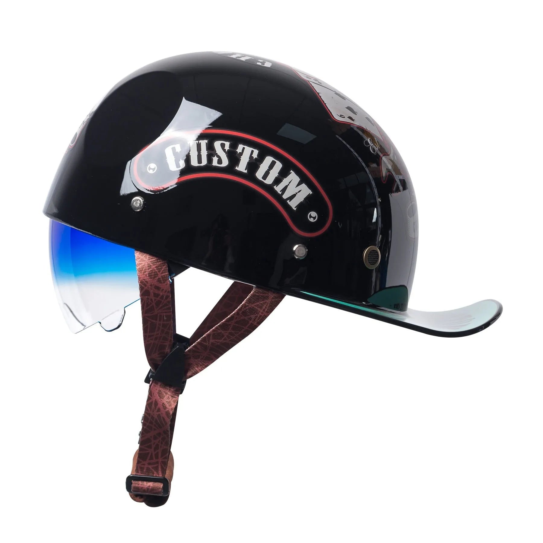 Retro half helmet for electric bicycles in bright black gradient blue with matching lens