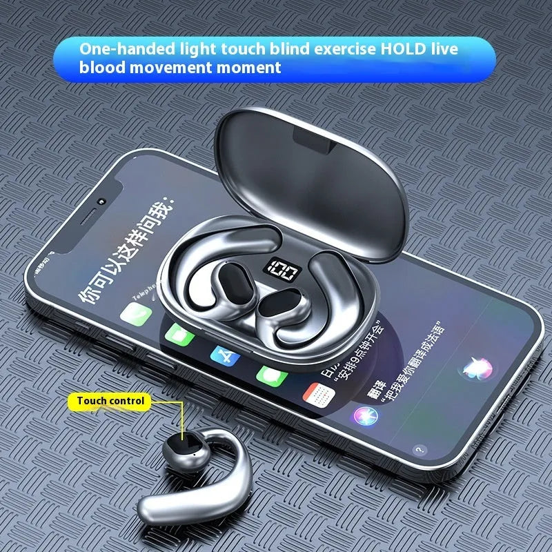 Black ear-mounted Bluetooth headset with digital display screen showing battery level.