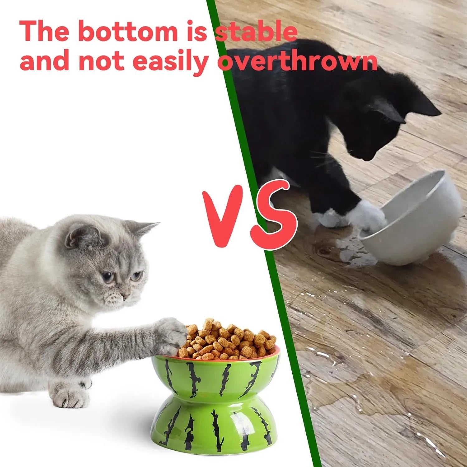 White ceramic raised cat bowl with tilted wide dish and decorative pattern, shown on a table.
