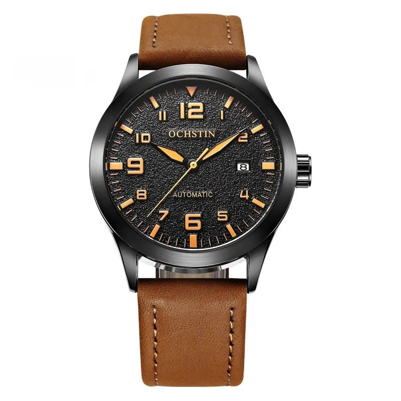 Men's retro automatic watch with leather strap on wrist