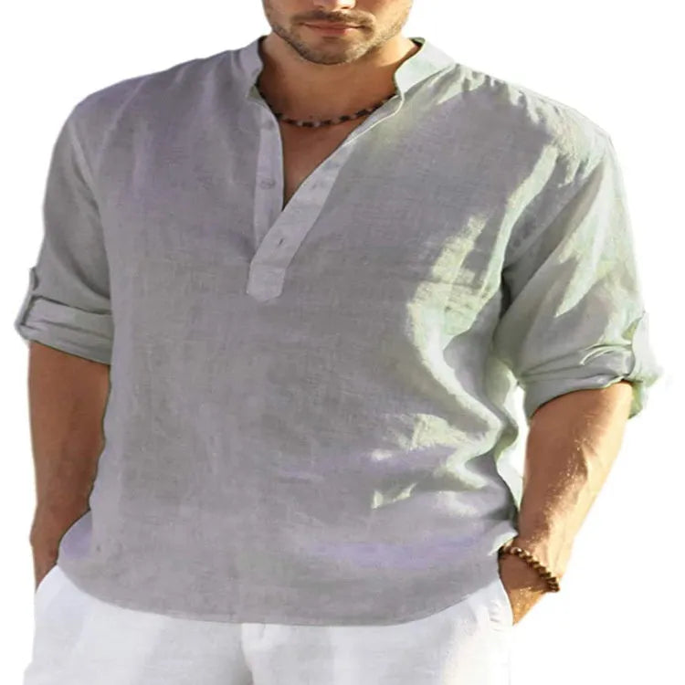 Men's solid colour cotton linen casual shirt with stand collar and long sleeves on a hanger.