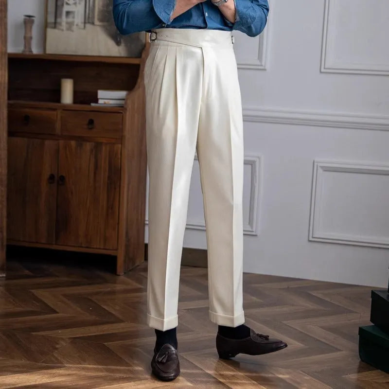 Man wearing black high-waist straight-leg casual polyester trousers for a leisure outfit.