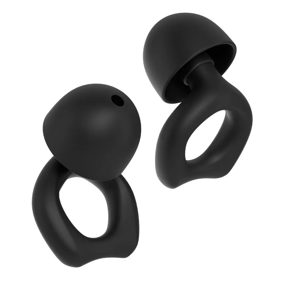A pair of black silicone soundproof earplugs on a white background.