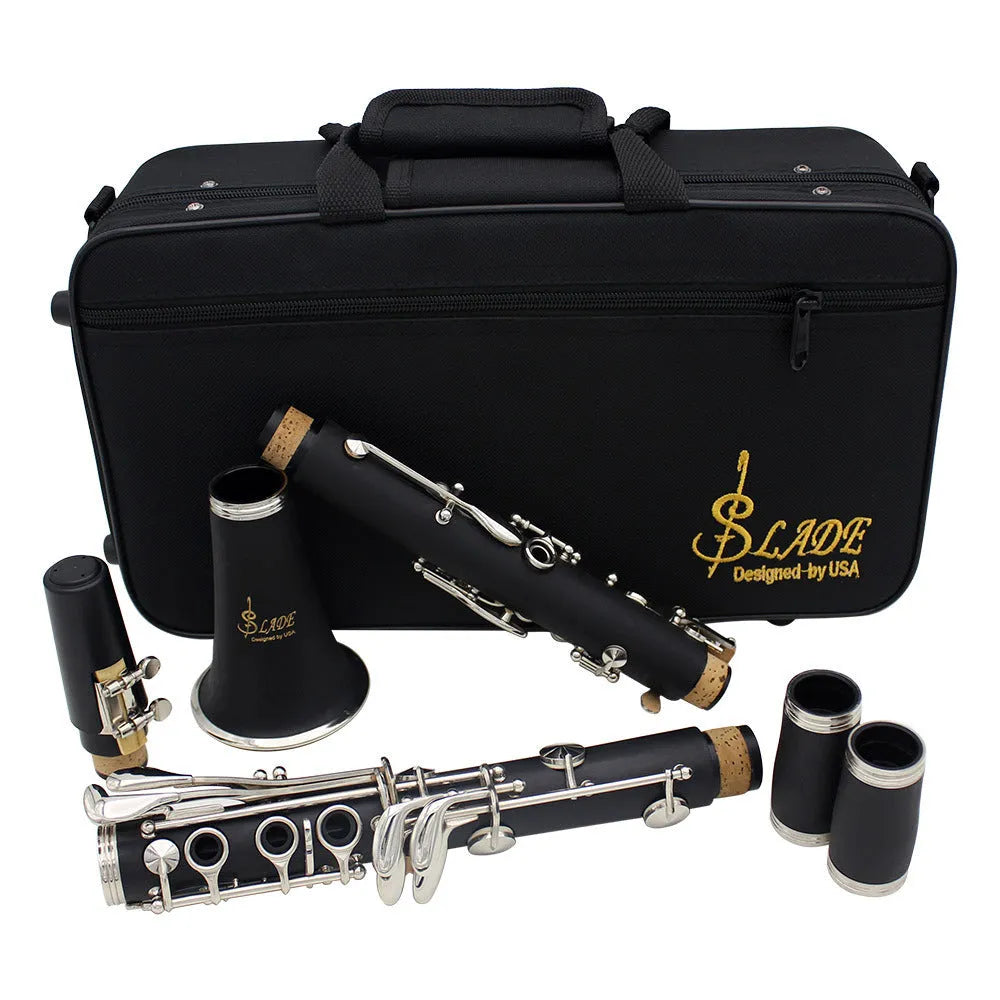 Black bakelite beginner clarinet with nickel-plated keys and included carrying case