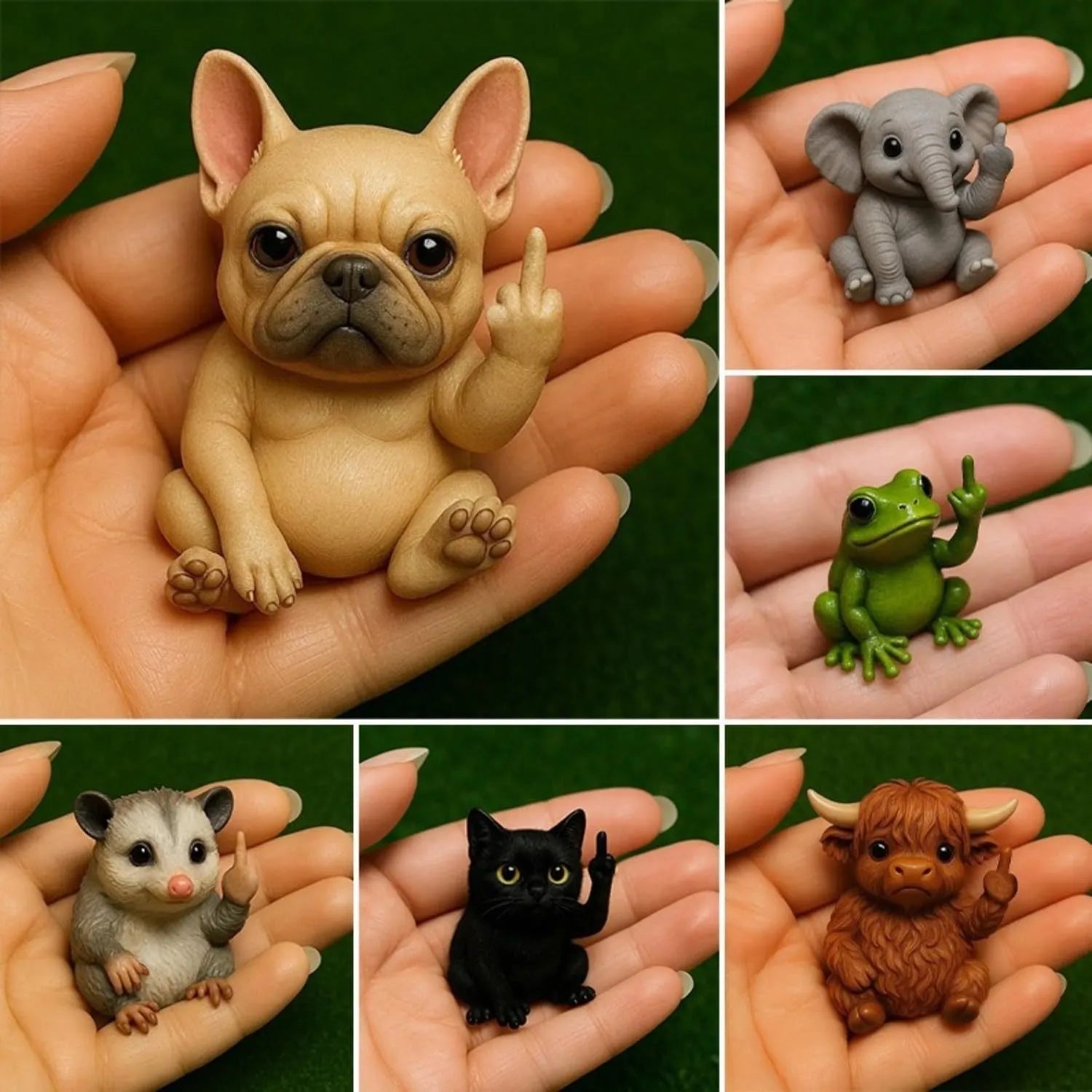 Mini resin animal doll with middle finger gesture in cat, dog, elephant, frog, Highland cattle, mouse, and turtle designs
