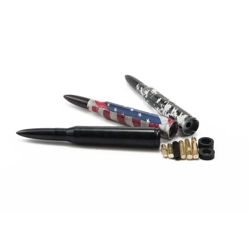 14cm bullet car antenna shown in camouflage green, black, and American flag colour options.